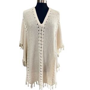 Ann Taylor Loft Cream Open Weave Sweater Poncho M/L Beachy Boho Western Staple